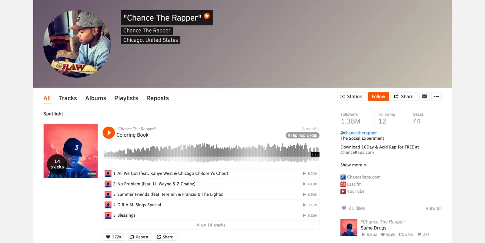 After rising to fame, Chance The Rapper still offers his work for free on SoundCloud (source: soundcloud.com/chancetherapper)