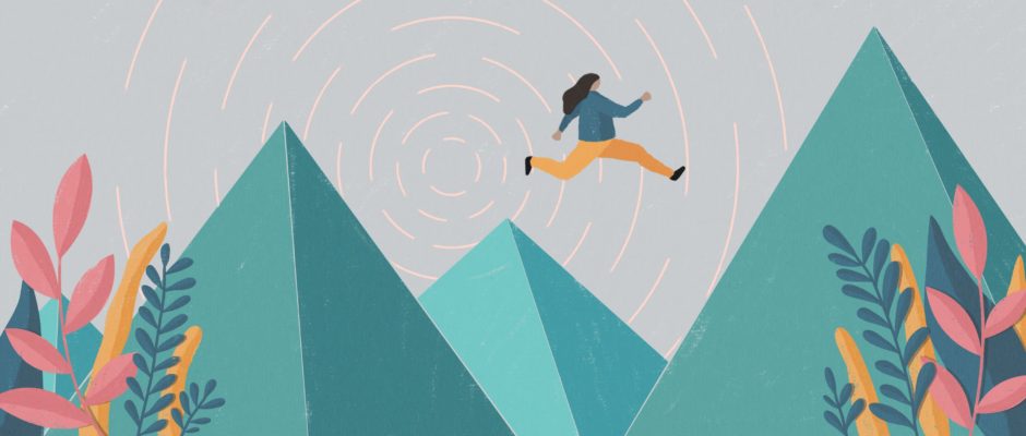 Person jumping over mountains header image