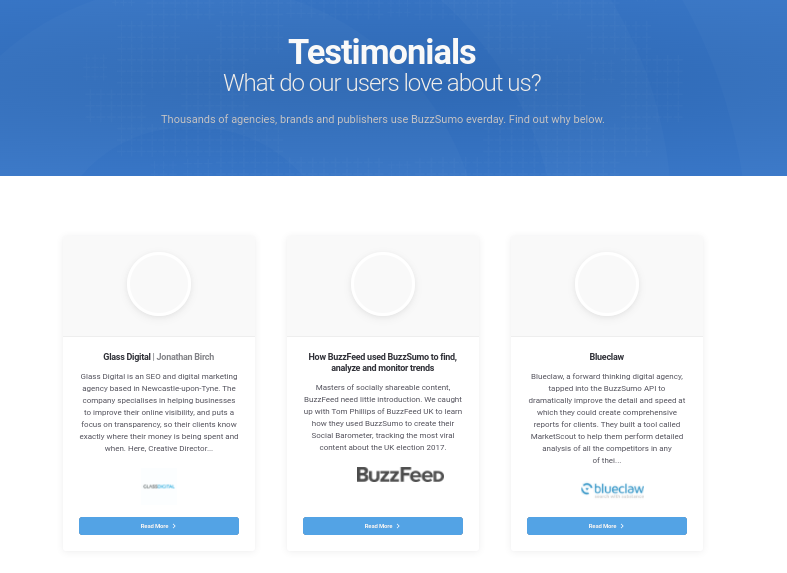 Buzzsumo has a dedicated page for testimonials