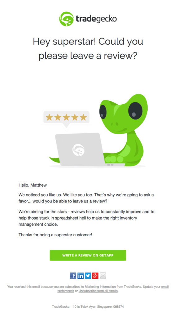 Gecko collects customer testimonials through a simple email