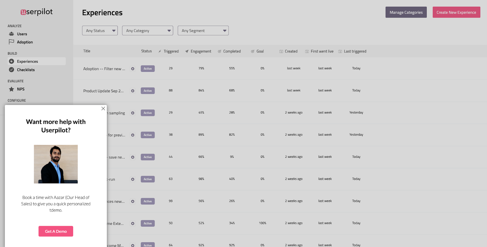 Product-led Growth: Exit intent popup within Userpilot's dashboard offers users the chance to request a product demo