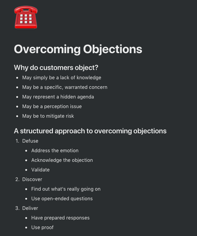 A process document outlining the common approach towards handling objections in the startup sales cycle.