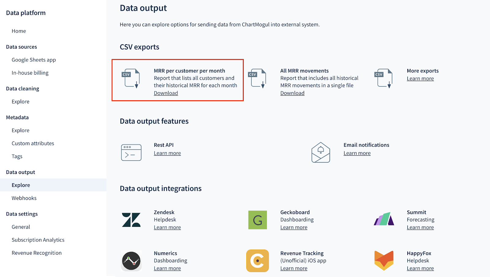 A full export of "MRR per customer per month" is available from the Data platform section in the ChartMogul app.