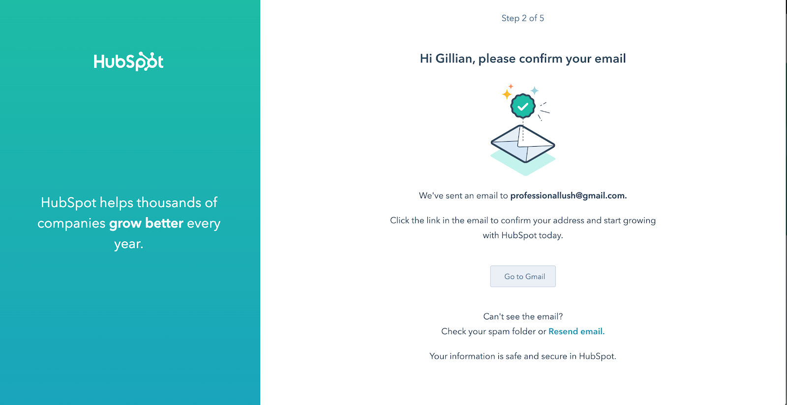 HubSpot email confirmation screen