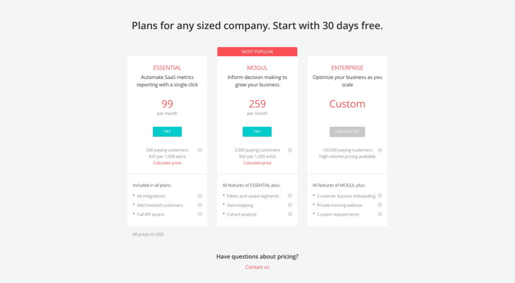 ChartMogul's pricing page in 2017